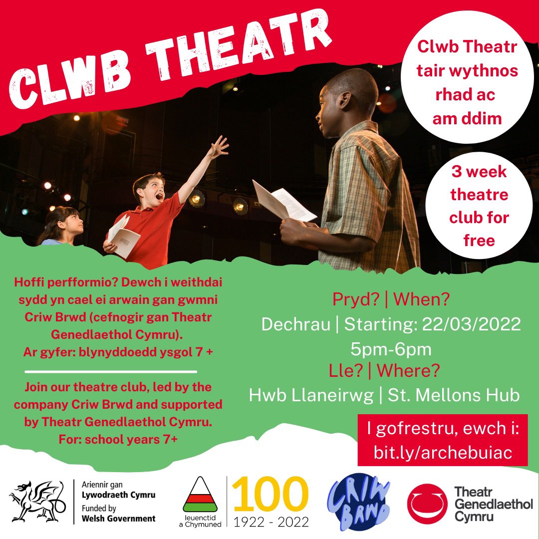 Mae dal amser gyda chi i archebu eich lle i ymuno â’r Clwb Theatr 🎭 Cyfle wych i ehangu eich sgiliau perfformio!! Cofrestrwch: bit.ly/archebuiac