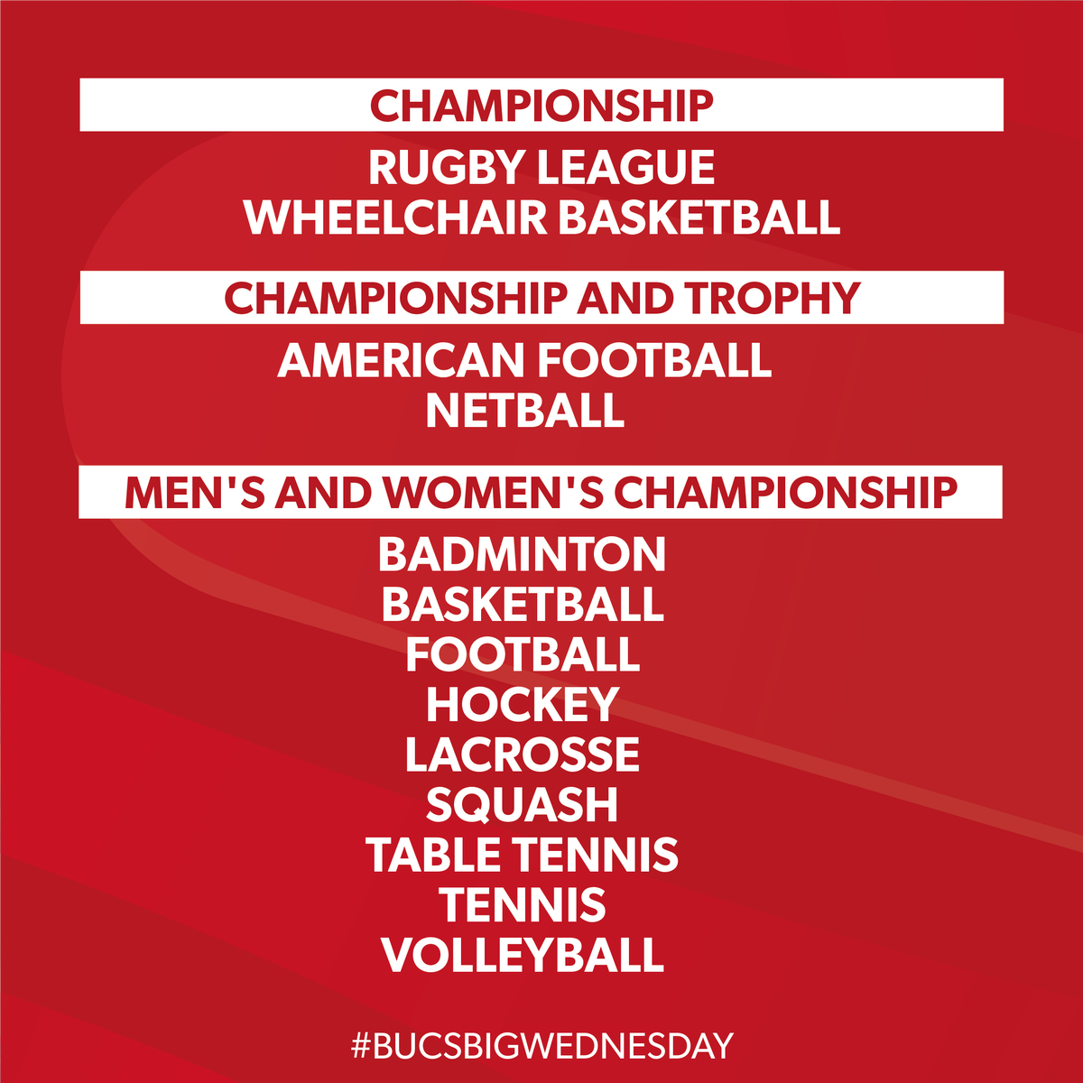 🎟️A lot of our #BUCSBigWednesday fixtures are now SOLD OUT! 🔥 Access to spectate will be via ticket only. 

But don't fear, this year we are live streaming a huge 13 sports, starting with American Football Trophy and Championship Finals tomorrow 🏈🏆