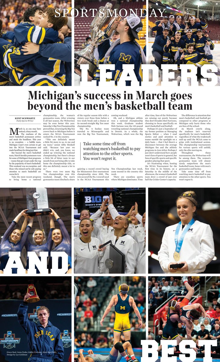 theblockm's tweet photo. If @UMichAthletics taught fans anything this past weekend, it's that March is more than just men's basketball.

This week's #SportsMonday cover: Leaders and Best. https://t.co/BrDvq33NxM