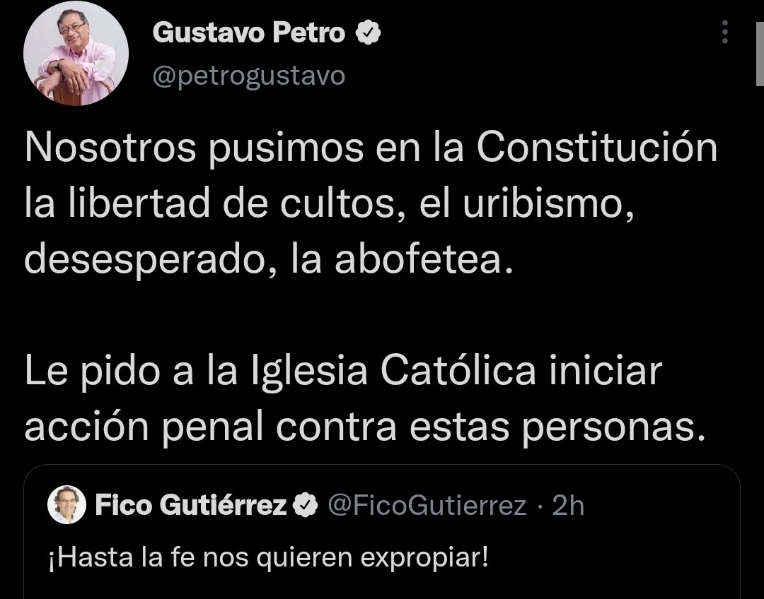 MadameSiimone's tweet photo. Pongan el pantallazo de la respuesta de Petro a lo de la iglesia en cuanto comentario uribista vean, sólo lo dejan y se van. Lo importante es que quede clara la posición del candidato.

Rotenla en sus estados de WSP, a las tías, tíos, abuelos, abuelas.

RT https://t.co/V2WAPxOa4y