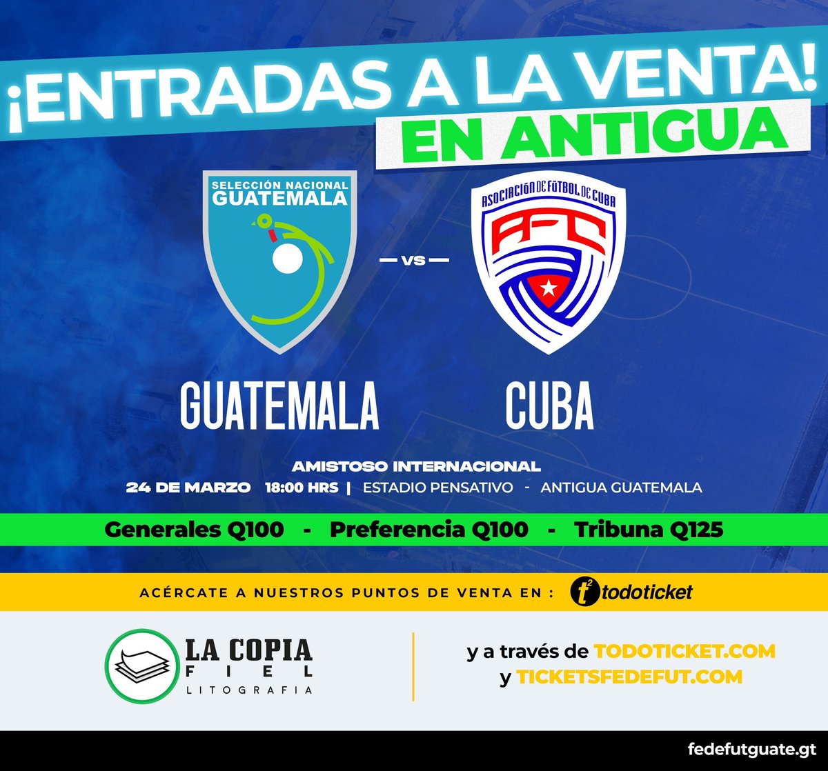 ¡¡JUNTOS AL ESTADIO!! 👕Sacatepéquez en MODO SELECCIÓN 🏟️ llegó el momento de apoyar a la #SeleMayor 🔵⚪️

🇬🇹Guatemala 🆚 Cuba🇨🇺
📆24 de marzo 2022
⏰18:00hrs
🏟️Pensativo
🎟️ ticketsfedefut.com
🎟️ todoticket.com/guatemala-vs-c…

#VamosGuate #ModoSelección
