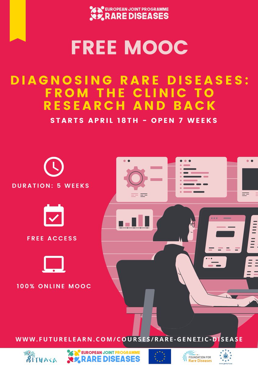 ERDERA_org's tweet photo. 🚨Get ready for the next running of the @EJPRareDiseases MOOC « #Diagnosing #RareDiseases: From the Clinic to Research and Back" which will start on April 18th!
ℹ️More information: https://t.co/AlieDT1lSO https://t.co/e74azD90hF