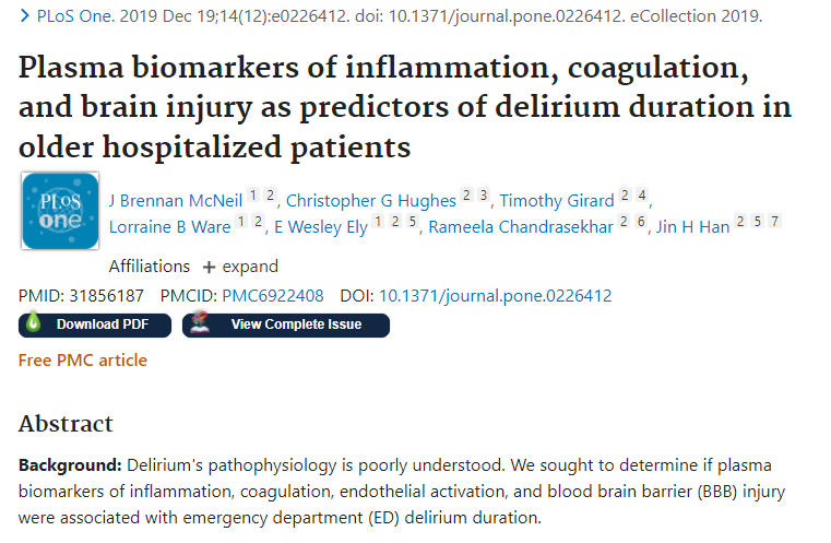 Prospective cohort study examined assoc. b/w #delirium &amp; biomarkers in 156 ER pts. IL-6 &amp; PAI-1 were sig. associated with delirium. No association with IL-8, protein C, S-100 B, sTNRFI 

Read more: bit.ly/37B5KN5
#AmerDeliriumResearch

<a href="/ICUKhan/">Sikandar Khan, DO, MS</a> <a href="/WesElyMD/">WesElyMD</a> <a href="/timothygirard/">Timothy Girard</a>