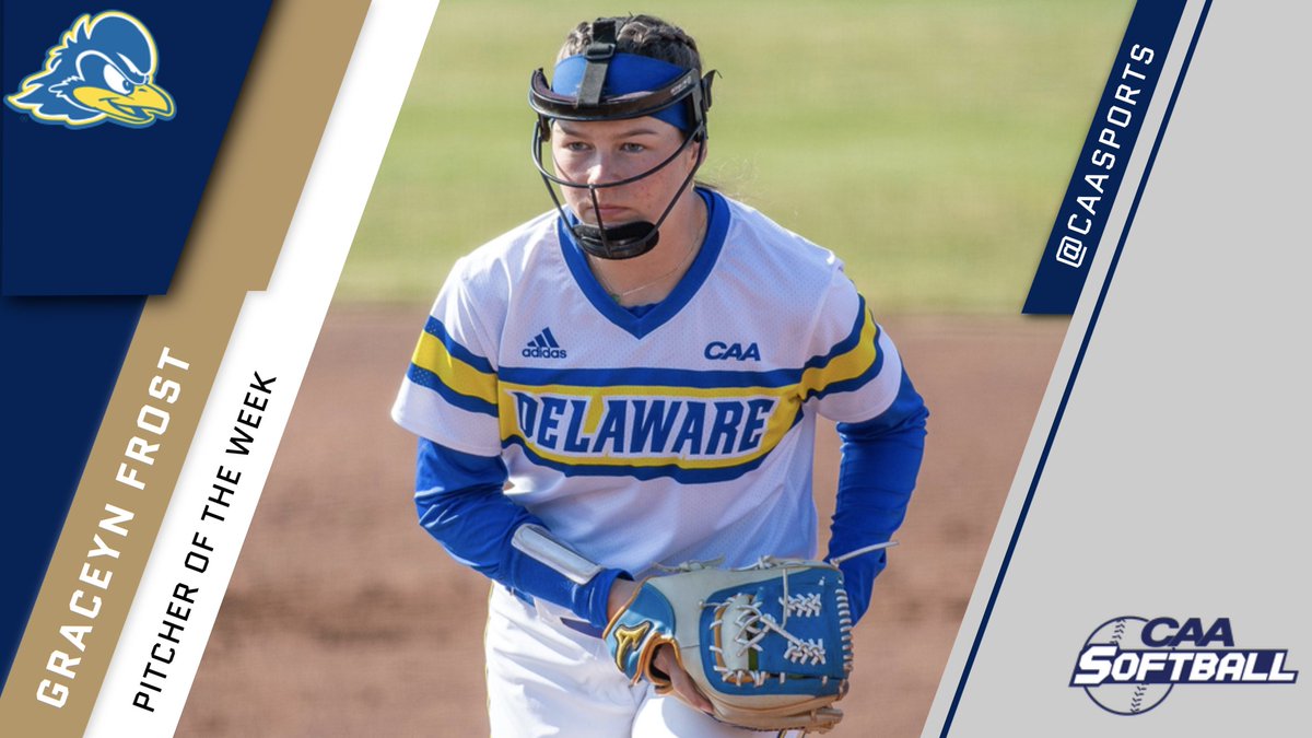 CAASports's tweet photo. CAA Softball Weekly Awards 🥎

Pitcher of the Week: Graceyn Frost, @Delaware_SB

Frost went 2-0 in the circle, picking up 14 strikeouts without allowing an earned run in 13.0 innings of work for the Blue Hens throughout the week. 

https://t.co/AYfoOcuShU https://t.co/8cEqtdRHR1