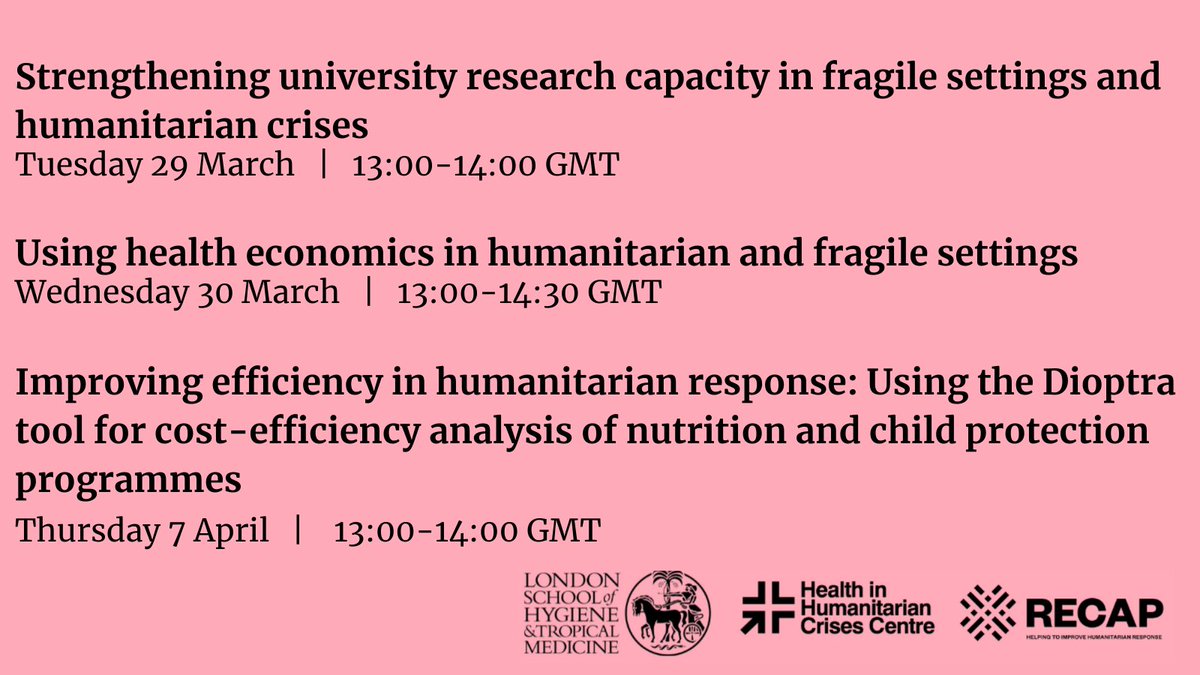 The @GcrfRecap and @LSHTM_Crises series continues with these webinars still ahead! Tune in to hear talks from the team at @AUB_FAFS @COMAHS_USL @BRACworld @LSHTM @RESCUEorg @savechildrenuk Save the dates and see our website for further details ➡️ bit.ly/RECAPevents