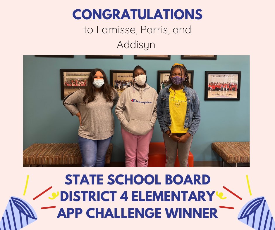 Congratulations to Lamisse, Parris, and Addisyn on winning <a href="/GovernorKayIvey/">Governor Kay Ivey</a>’s App Challenge for State School Board District 4 in the elementary category! Their app will compete against the 7 other state school board district winners on April 18 at the AL CS Summit!