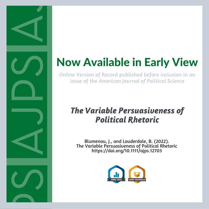 The Variable Persuasiveness of Political Rhetoric by Jack Blumenau and Benjamin E. Lauderdale is now available in Early View. @jblumenau @benlauderdale ajps.org/2022/03/17/the…