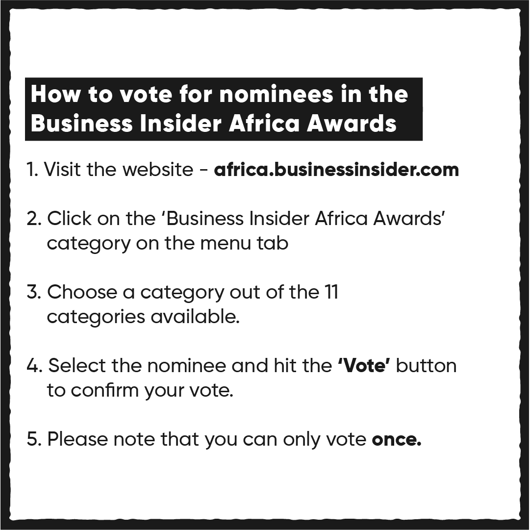 BusInsiderSSA's tweet photo. Voting is now on!

Visit our website (https://t.co/adqCD7mDON) to vote your favorite african leader!

#BIAfricaAwards #businessinsiderssa #africa #entrepreneur #leaders https://t.co/B8SorT8xcD
