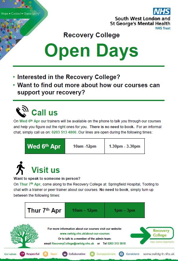 The new <a href="/RecoverySWLSTG/">RecoveryCollegeSWL</a> <a href="/SWLSTG/">South West London and St George's NHS</a> course timetable for Apr-July is available to view on our website as of Monday (4th Apr). To support this we'll be running two open days next week to help guide new and existing students through our courses to decide what might work best for them.
