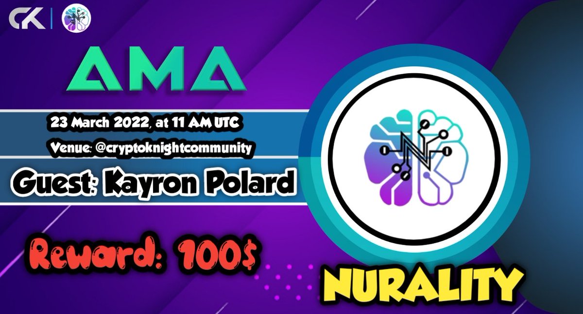 We're pleased to announce our next #AMA with NURALITY on 23rd March at 11:00 AM UTC

💰Rewards Pool: 100$ TOKENS

🏠Venue: t.me/cryptoknightco…

〽️Rules:
1⃣Follow <a href="/CryptoKnight_Co/">Jake Nota</a> &amp; @Nuralitytoken

2⃣Like &amp; Retweet

3⃣Comment Questions By Tagging 3 Friends(Max 4 Question)