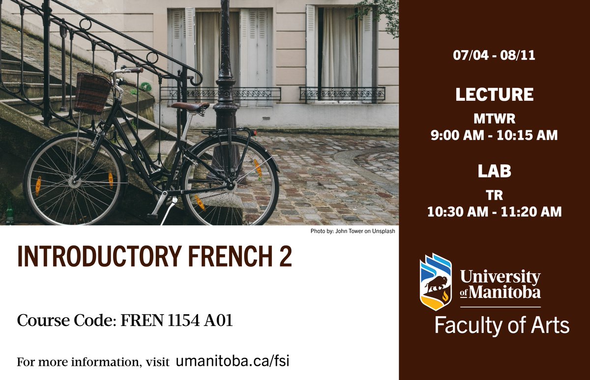UMArtsFaculty's tweet photo. Today’s featured Summer 2022 course is Introductory French 2 (FREN 1154) from @um_fsi.

Continue your study of the fundamental structures of French with oral and written practice.

See all available Arts courses on Aurora.

#UManitoba #StartAtArts https://t.co/0rO5SAXoO0
