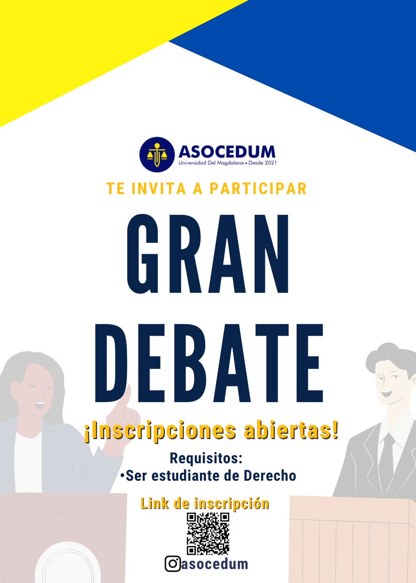 asocedum's tweet photo. Desde la asociación de estudiantes de derecho ‘ASOCEDUM’ te invitamos a que participes en el GRAN DEBATE, en vísperas a nuestro aniversario. Es en parejas, anímate y sigue creciendo en tu formación profesional. 
Aquí encontrarás el link para inscripción: https://t.co/YQ3ZS0kWrP https://t.co/Kce30jFqcF