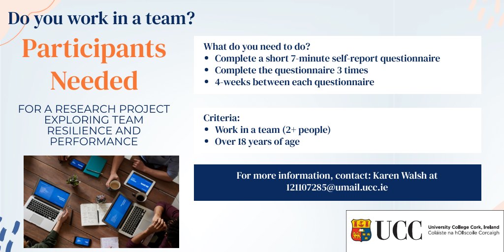 Clodagh Butler (@clodaghb4) on Twitter photo Hi all, looking for workers to take part in research investigating team resilience and performance. 👨💻👩💻
If interested please email Karen at 121107285@umail.ucc.ie 📩
Please like & share 😀 Hi all, looking for workers to take part in research investigating team resilience and performance. 👨💻👩💻
If interested please email Karen at 121107285@umail.ucc.ie 📩
Please like & share 😀