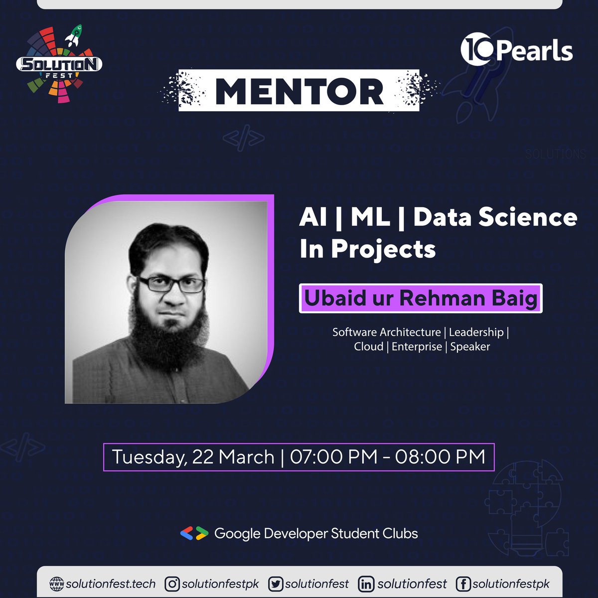 solutionfest's tweet photo. Get ready, guys. This time, SolutionFest brings a conversant session with Ubaid ur Rehman Baig. He will be shedding light on the importance and need of AI, MI and Data Science in your projects.
To quench your thirst for more knowledge, join us tomorrow from 7:00-8:00 PM.
#GDSC https://t.co/kemzOWHvNG