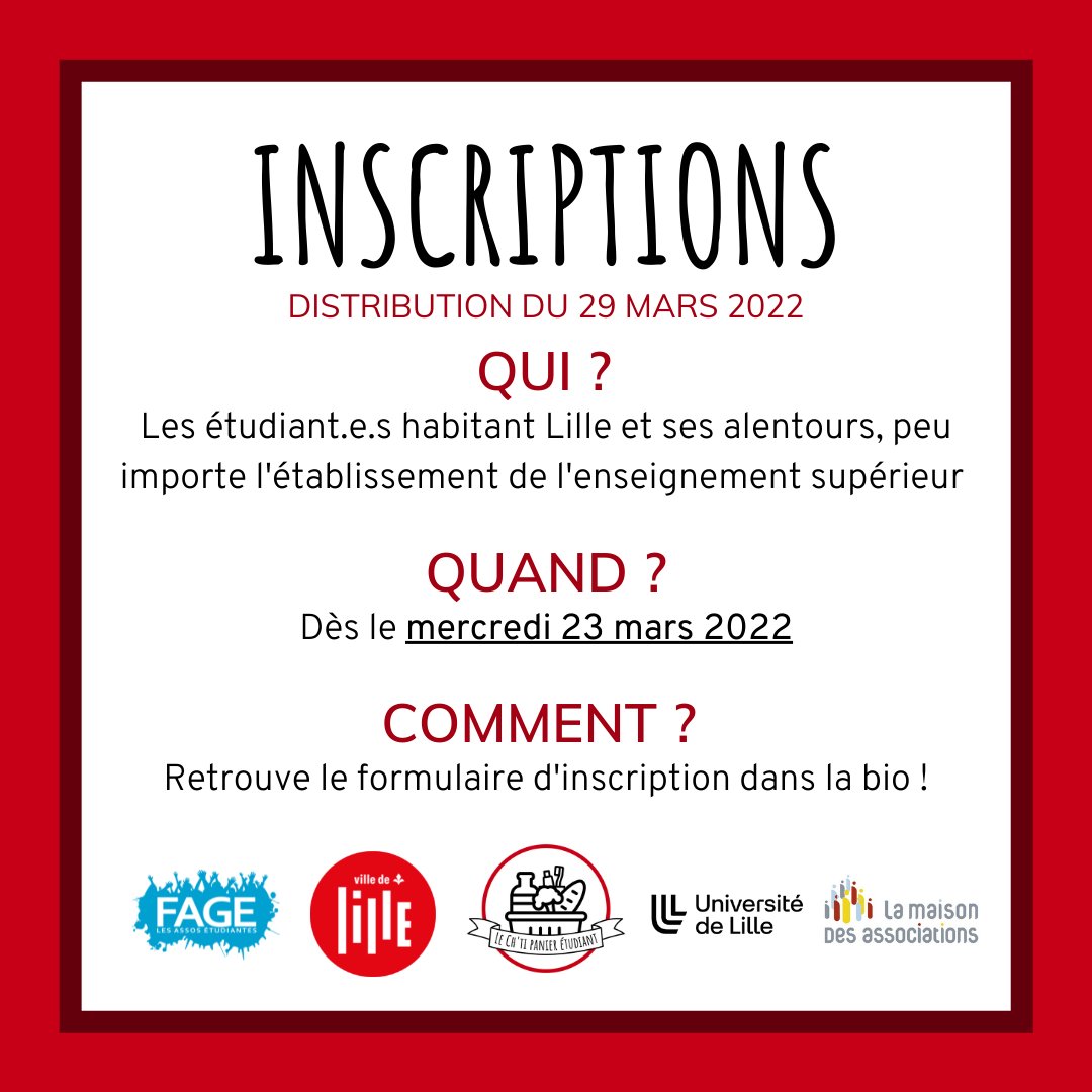 LeChtiPanier's tweet photo. ‼️ Inscriptions pour la distribution du 29 mars 2022
 
🧺 Pour bénéficier d’un Ch’ti Panier, devenir bénévole ou faire un don : https://t.co/PHiqvVKscN 
 
❤️ Merci à @la_fage, @lillefrance, @univ_lille et la MDA de Lille pour leur soutien
 
⚠️ Le nombre de paniers est limité https://t.co/mpuIr2u1RB