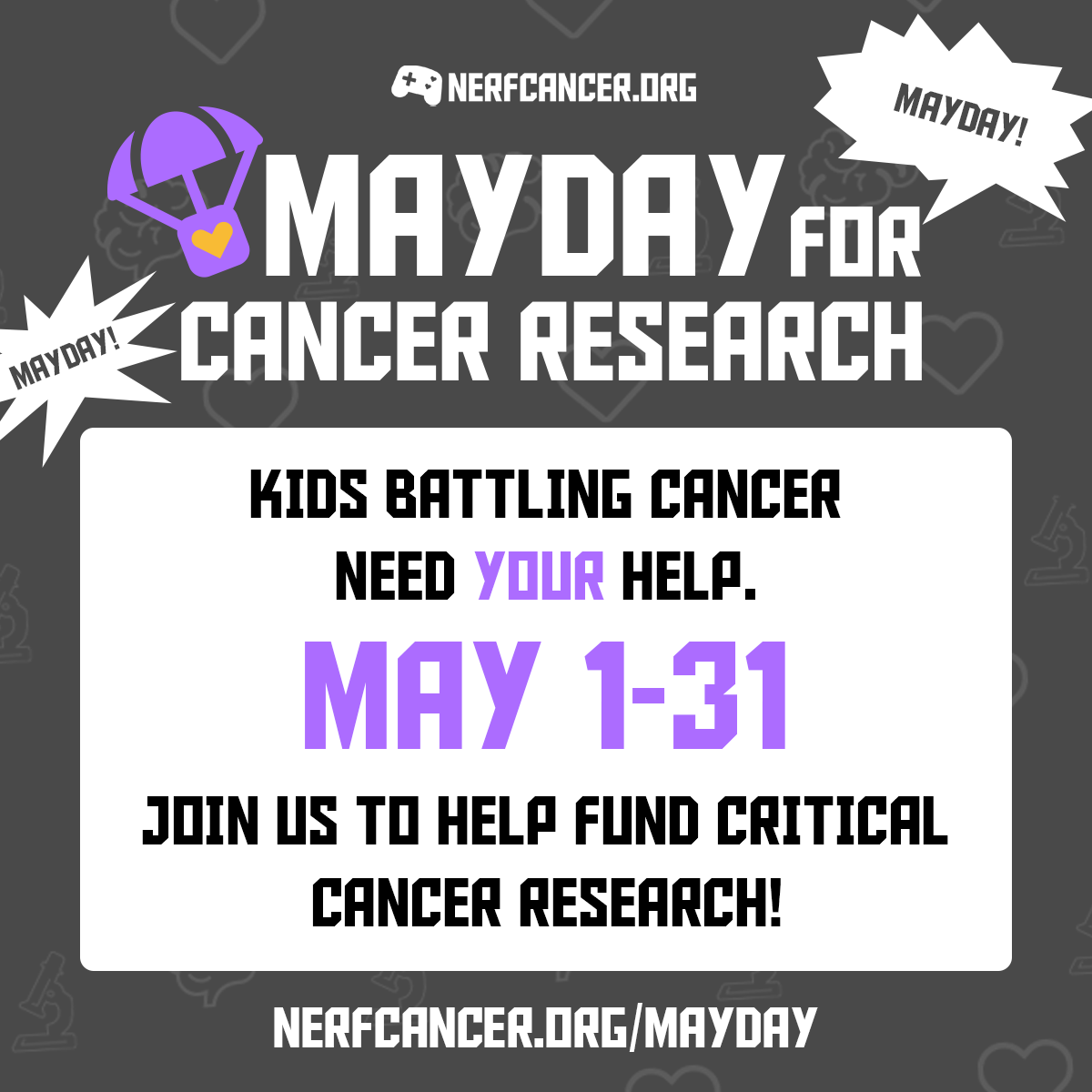 NerfCancer's tweet photo. Are you or your stream team wanting to do more with your platform? Are you at a loss for what to do in May? Think about joining Nerf Cancer's &amp; The Cure Starts Now's Mayday for Cancer Research! You find more information by clicking the link in our bio! 💛💜💛

#CancerResearch https://t.co/7z0c8HoTeQ