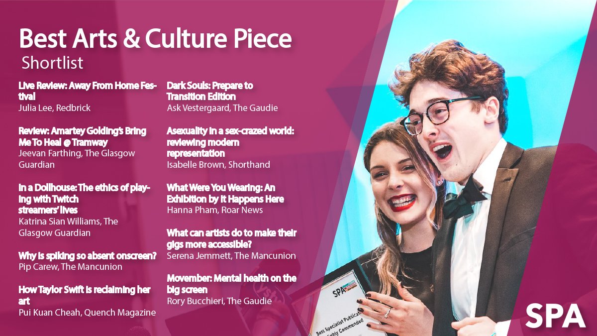SPAJournalism's tweet photo. Here we go: it’s our Best Arts &amp; Culture Piece shortlist! #SPANC22 https://t.co/cjOZZq6Xtb