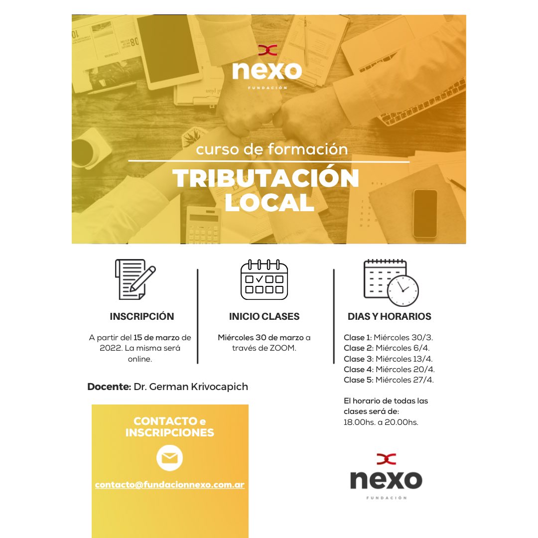 🔈Estimadxs, la Fundación Nexo tiene el gran placer de invitarlos a participar del lanzamiento de su Programa de Formación 2022.

👉🏻El primer curso que se pondrá a disposición de manera GRATUITA será el de: 𝗧𝗿𝗶𝗯𝘂𝘁𝗮𝗰𝗶𝗼́𝗻 𝗟𝗼𝗰𝗮𝗹
🧶…