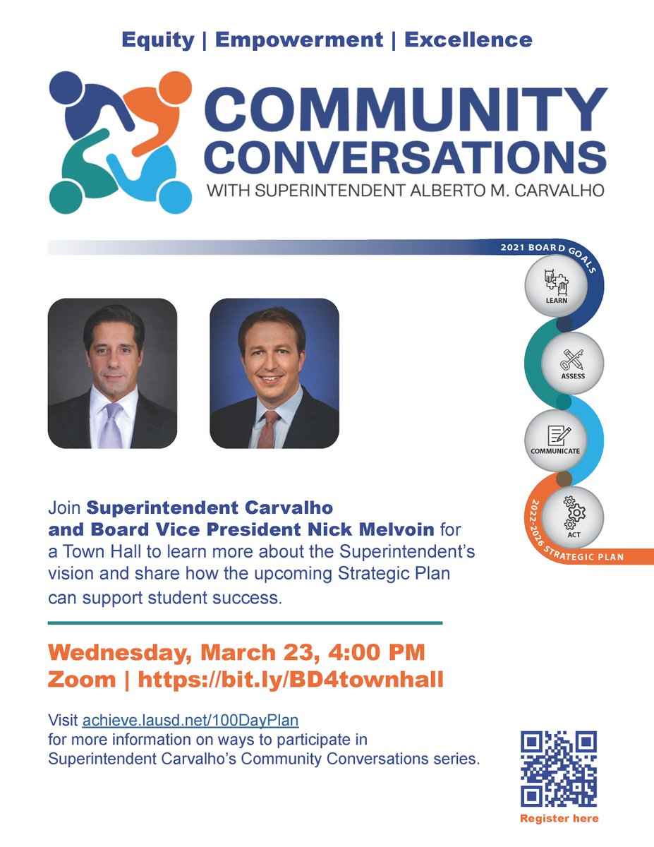 LASchools's tweet photo. Join Superintendent Alberto M. Carvalho @LAUSDSup and Board Vice President Nick Melvoin @NickMelvoinBD4 for a Town Hall to learn more about the Superintendent’s vision and share how the upcoming Strategic Plan can support student success. https://t.co/yEbT4mUy4m https://t.co/HNU2GUstoc