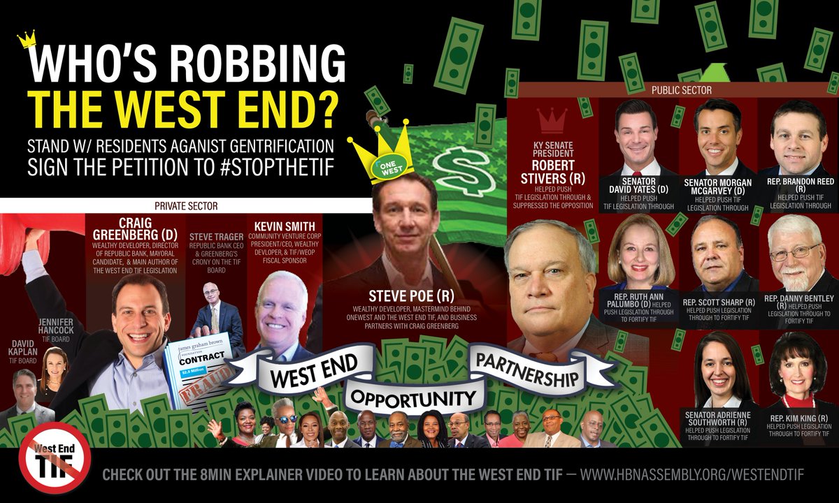 HBNAssembly's tweet photo. Who’s robbing the West End? It’s a bi-partisan, public-private partnership! Here’s the team-up that could displace tens of thousands of West End residents over the next 20yrs. #stoptheTIF #LouWestEnd #RespecttheWest #Louisville #CraigisGreg @WestEndPartners @WFPLNews @WLKY https://t.co/baPSANe4Gs