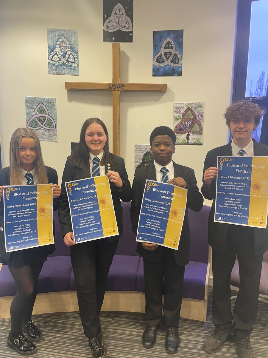 StAnnesAcademy's tweet photo. Our  Year 11 Student leadership team Mukthar, Jayden
Jay and Lucy raising awareness for the Ukrainian Appeal which has started this week in school. For more details please click the following link: https://t.co/pgZ1ZnLeMY
@CranmerTrust #ukrainianappeal #bekind https://t.co/WjOHuzEhsD