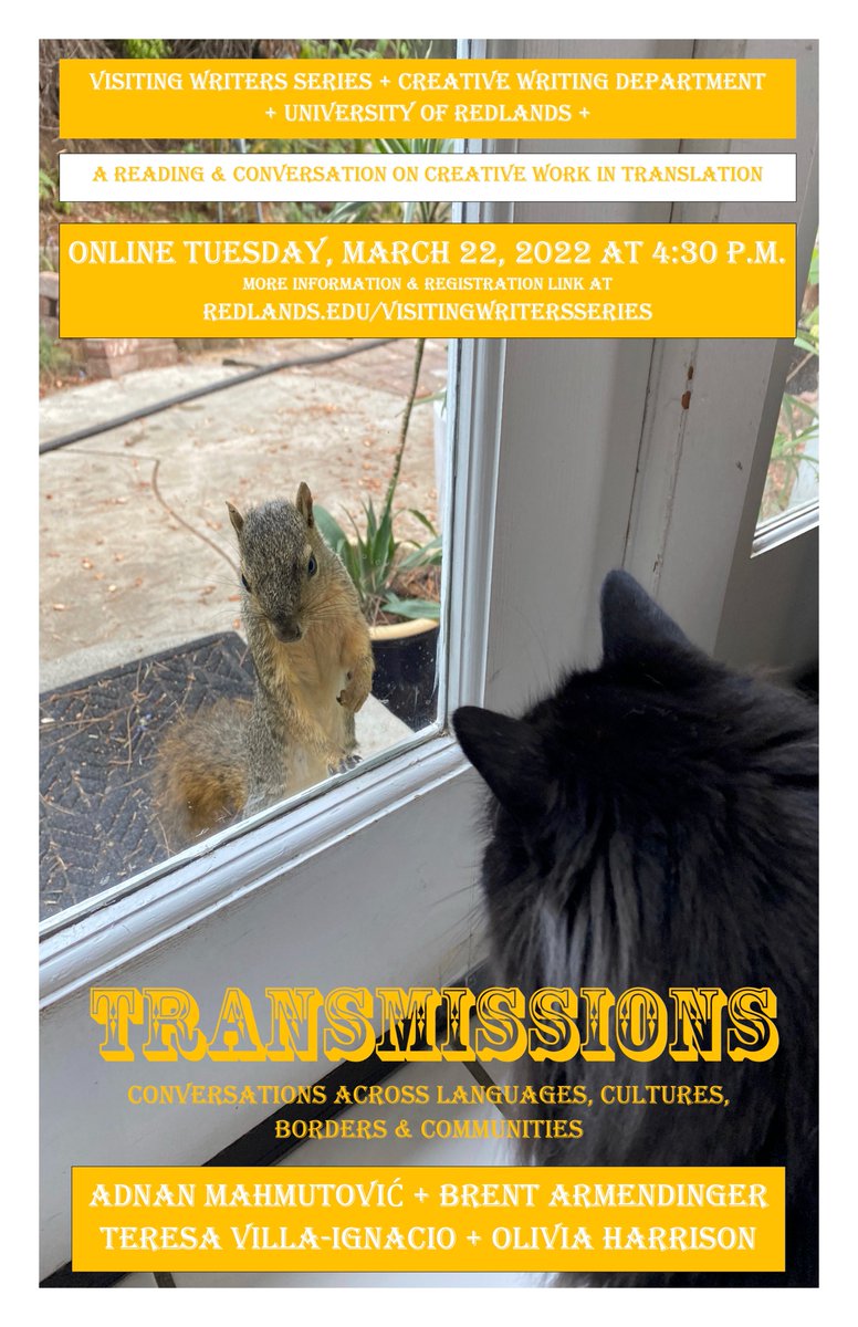 Olivia Harrison and I are excited to read from our translation of Hocine Tandjaoui's Clamor tomorrow through the University of Redlands Visiting Writers series! Join us if you are free! Zoom Registration here: redlands.edu/VWSTransmissio….