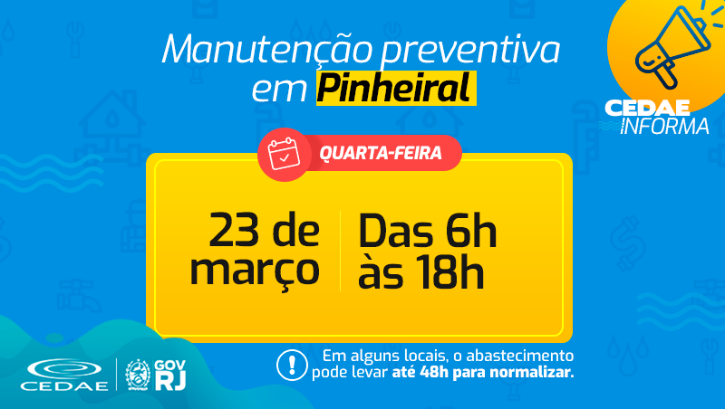 CedaeRJ's tweet photo. 🚧 Nesta quarta (23), das 6h às 18h, faremos manutenção preventiva para limpeza dos decantadores da Estação de Tratamento de Água (ETA) de #Pinheiral, na região do Médio Paraíba. https://t.co/J8Ki8apEEn