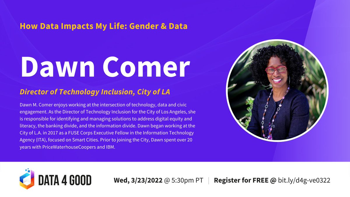 Data4GoodInc's tweet photo. Dawn Comer will be moderating Wednesday’s speaker panel on gender &amp; data!

Dawn enjoys working at the intersection of technology, data, &amp; civic engagement 💻

Read more about Dawn &amp; register at https://t.co/oLjKgQCEvb

#data4good #womenintech #internationalwomensday #womenindata https://t.co/gbdWwmSqgv
