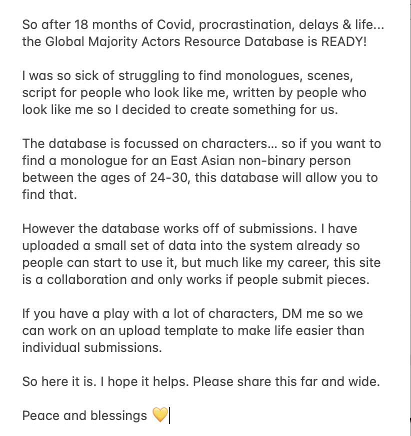 ⭐️ANNOUNCEMENT⭐️

THE GLOBAL MAJORITY ACTORS RESOURCE DATABASE IS READY!!! gmactors.com

Major love and thanks to <a href="/keremkocaer/">Kerem Kocaer</a> for helping me bring this to fruition. I am forever grateful! 🙏🏾💛

SHARE! SHARE! SHARE!