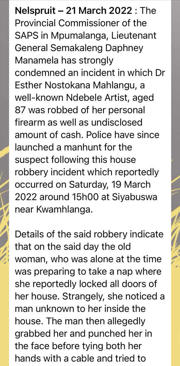 karynmaughan's tweet photo. Award-winning Ndebele artist Esther Mahlangu has been violently attacked and robbed in her home.
Mpumalanga police statement provides disturbing details of the attack, in which the 87-year-old was punched and strangled. 

This is heartbreaking and shameful. 💔 https://t.co/D2waD6I2xG