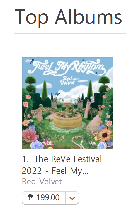 rvelites's tweet photo. Red Velvet The ReVe Festival 2022 iTunes Album Chart: 8 #1's

8th : 🇵🇭 Philippines (NEW)

Download the album here:
https://t.co/hiZpam1gXu

CAN YOU FEEL MY RHYTHM
#RedVelvetComeBach
#WelcomeToRVF2022
@RVsmtown

 #RedVelvet https://t.co/Xqm8iCb6c7