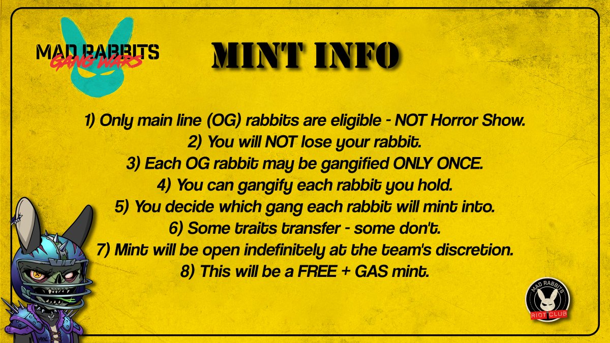 MadRabbitsRC's tweet photo. Gang Wars Mint Info🐰 https://t.co/fNOUUlNNzp