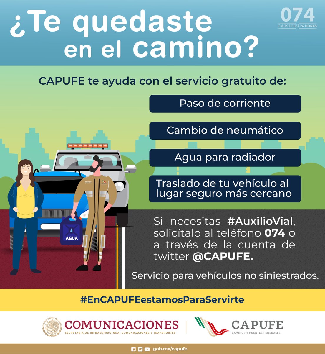 CAPUFE's tweet photo. ¿Te quedaste en el camino? Solicita #AuxilioVial llamando al 074 https://t.co/o52nKMHtAE