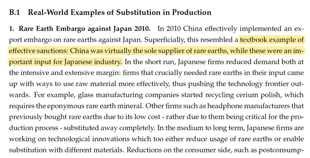 First, some real-world examples showing how firms do find ways to substitute & sometimes even to their own surprise.Particularly relevant: the Chinese embargo of rare earths exports to Japan and how Japanese producers adapted and substituted in response.1/
