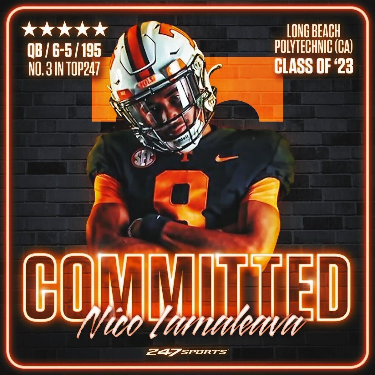 247Sports's tweet photo. #BREAKING: 5-star QB and No. 3 player in the Top247 Nicholaus Iamaleava has committed to @Vol_Football 🍊

Iamaleava becomes the first 5-star QB to commit to Tennessee since 2002.

https://t.co/KR9NDjX5OQ https://t.co/cQ8kiihs9g
