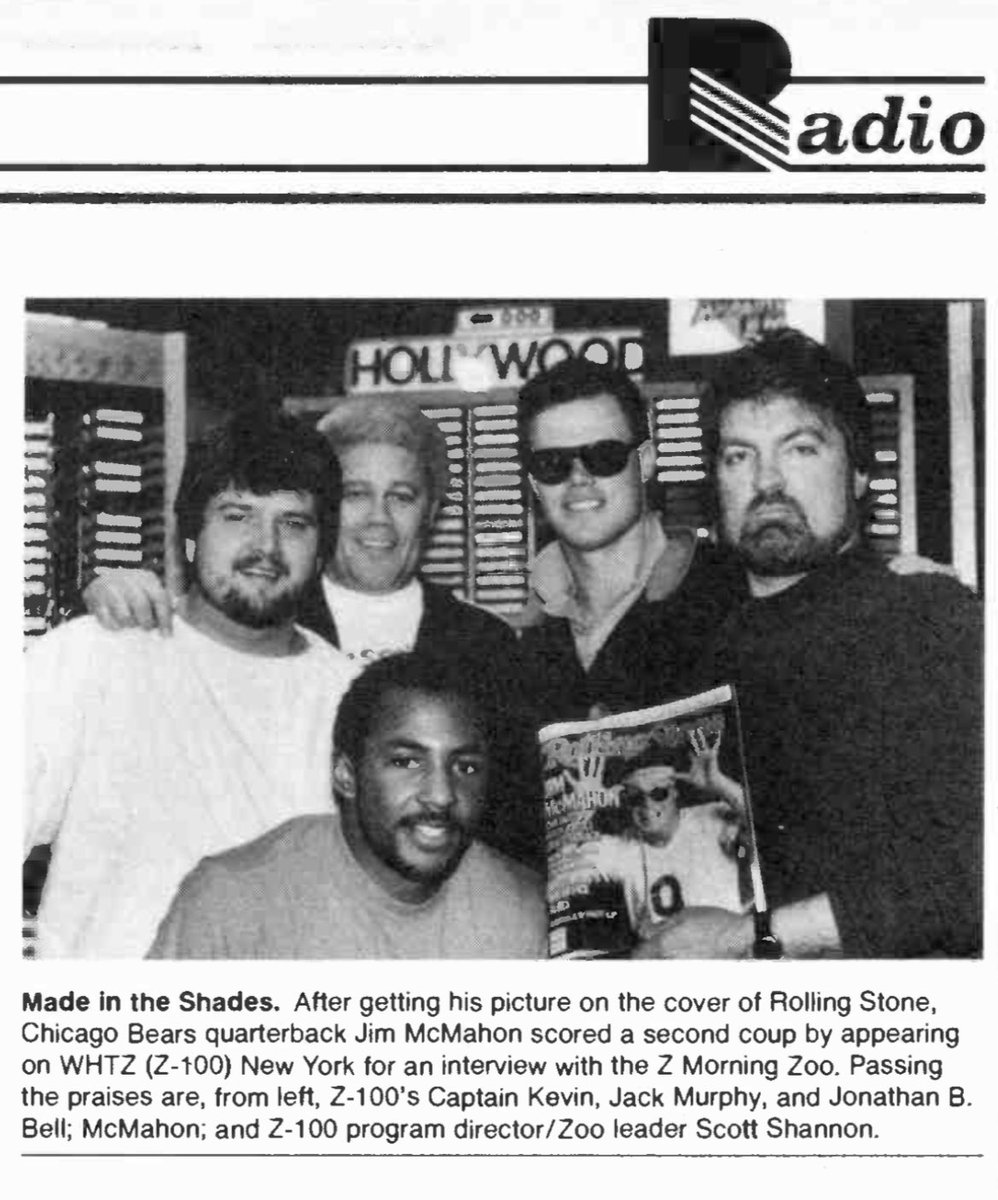 RadioRewinder's tweet photo. #RadioLegend Scott Shannon and members of his ZMorning Zoo #WHTZ #NewYorkRadio with former crazy Chicago Bears QB Jim McMahon. 1986 https://t.co/ZV8E9slNxD
