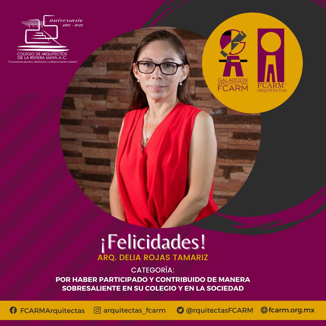 CARM_Playa's tweet photo. Nos llena de orgullo poder reconocer el trabajo y trayectoria de nuestras Arquitectas Colegiadas a través de este galardón. ¡Muchas felicidades Arquitecta Delia!
#ArquitectasFCARM #ArquitecturaMexicana #SomosFCARM https://t.co/43X83fw7z9