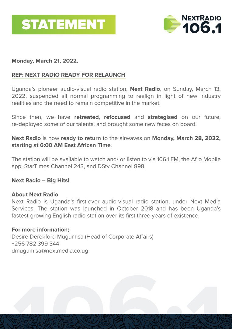 OFFICIAL STATEMENT 

#NextRadioUG