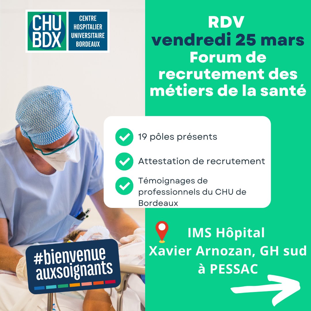 CHUBordeaux's tweet photo. [#RECRUTEMENT] J-5️⃣on se retrouve vendredi pour le Forum de recrutement des métiers de la #santé du @CHUBordeaux. N'oubliez pas votre #CV &amp; votre portfolio
📅 RDV ce vendredi 25 mars 8h30-17h
📍 Hôpital Xavier-Arnozan Hall de l'@IMSCHUBordeaux
➡️https://t.co/PfdgxN1Zsa
#jobalert https://t.co/bmo97Bh28V