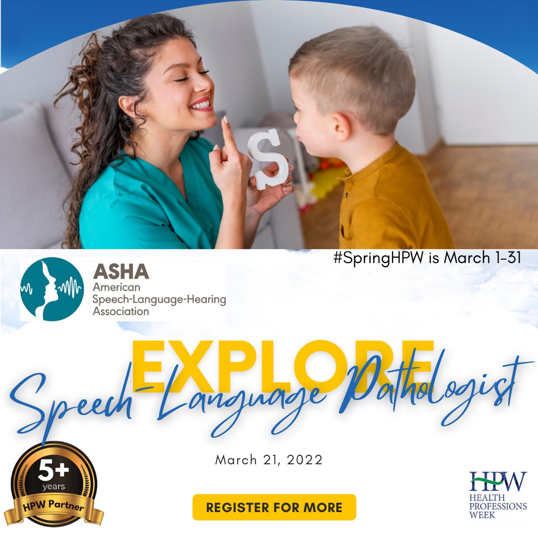 healthprofweek's tweet photo. Don't miss our discussion with @ASHAWeb today at 1pm ET! We're talking about careers as an SLP. Don't know what that healthcare career is...? Then, you need to join us for this short webinar! https://t.co/LCFYr3tSsF #SpringHPW https://t.co/0wZML1Fl67