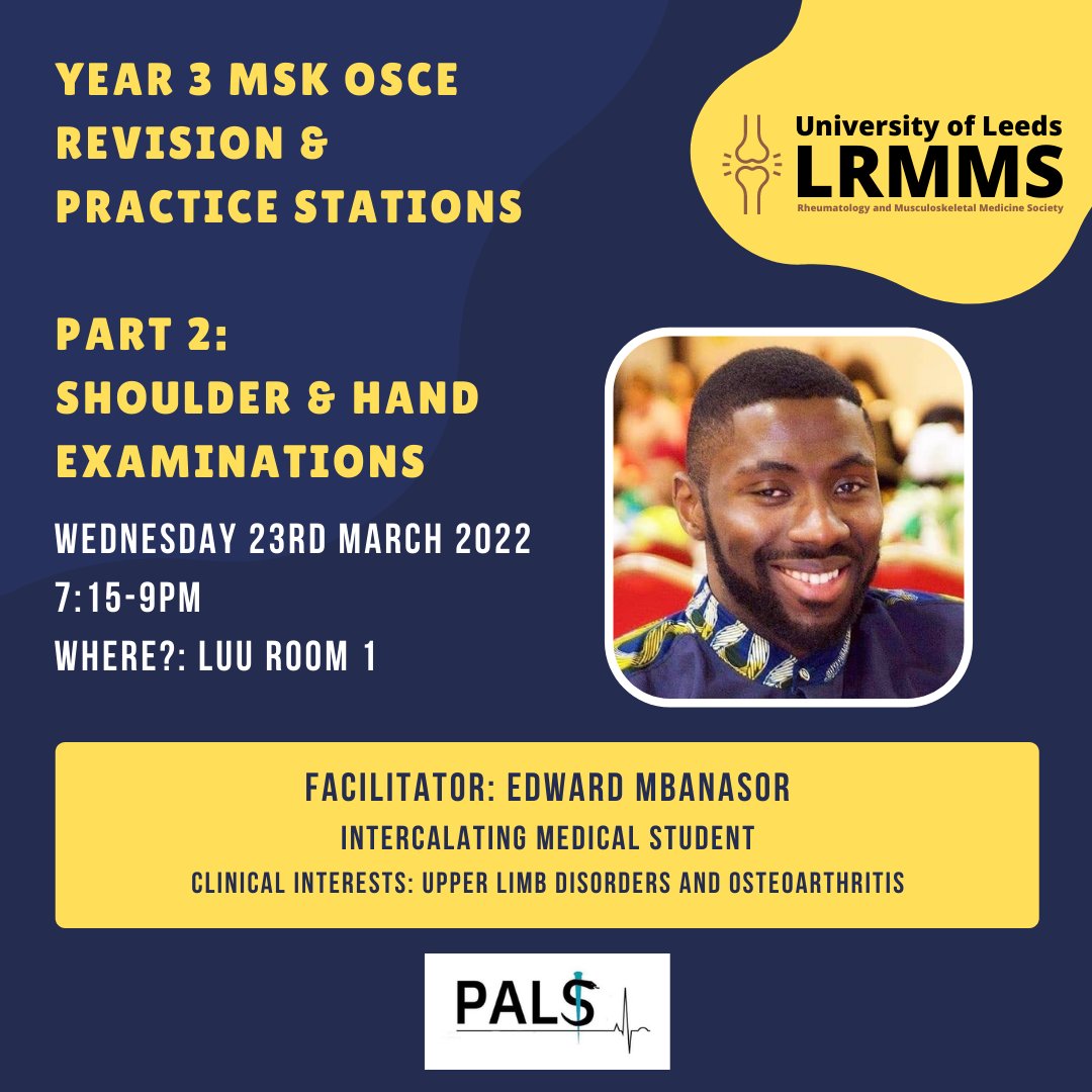 LeedsRMMS's tweet photo. THIS WEEK

Collaboration with PALS Leeds 

Interactive and hands-on MSK OSCE revision session focussed on shoulder and hand examinations.

📅Wednesday 23rd Mar 22
⏲️7:15pm
📌Leeds University Union (LUU) Room 1
🗣️Facilitator: @EdwardMbanasor

Sign up: https://t.co/b9qQc2w9fx https://t.co/QyByq4Al0g