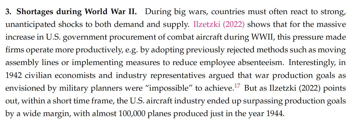 Now my two favorite examples, both from World War IIFirst,  @ilzetzki on US aircraft manufacturing during WWII. The US urgently needed 50,000 planes. Both industry & economists said "impossible".Yet, soon thereafter, the U.S. produced 100,000 planes in a single year!3/