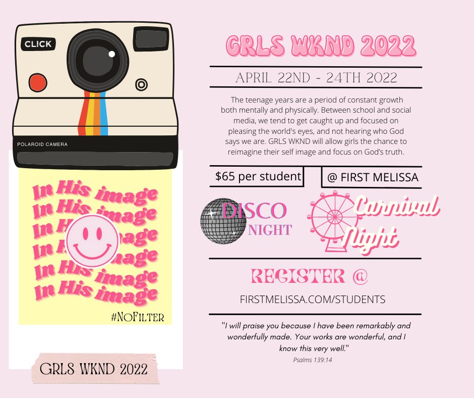 FMStudentsMin's tweet photo. Registration for GRLS WKND 2022 is now live! All girls grade 6-12 are invited for a fun weekend focused on re-imagining their self-image w/ God's truth. Dates are April 22-24. Cost is $65 per girl. For more info and to register, go to the link in our bio! https://t.co/gVkxhb9Hfo