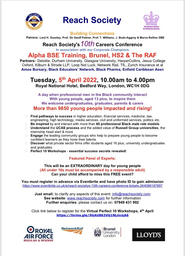 Dear Friends, our 10th Careers Conference is only TWO WEEKS away…. please share with relevant others FREE REGISTRATION HERE eventbrite.co.uk/e/reach-societ… <a href="/OpBlackVote/">Operation Black Vote</a> <a href="/Windsor_Fellows/">Windsor Fellowship</a> <a href="/LewisHamilton/">Lewis Hamilton</a> <a href="/marcusryder/">Marcus Ryder</a> @EAnionwu <a href="/SandraKerrBITC/">Sandra Kerr</a> @krystalalliance