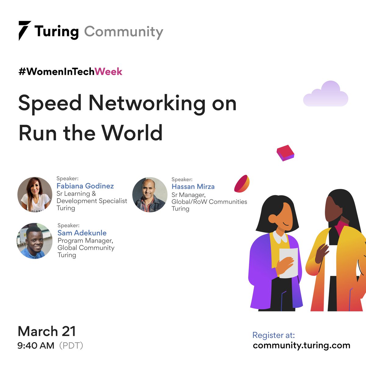 Turing Community (@turingcomdev) on Twitter photo You're invited to a fast-paced speed networking session on <a href="/RunTheWorld365/">Run The World</a> to connect 1:1 with peers to share connections, insights, and expertise.
Join at the link - runtheworld.today/room/90386
#WomenInTechweek <a href="/turingcom/">Turing</a> <a href="/Hassanmirza/">Hass</a>
<a href="/fabianagodinez/">Fabiana Godínez</a> You're invited to a fast-paced speed networking session on <a href="/RunTheWorld365/">Run The World</a> to connect 1:1 with peers to share connections, insights, and expertise.
Join at the link - runtheworld.today/room/90386
#WomenInTechweek <a href="/turingcom/">Turing</a> <a href="/Hassanmirza/">Hass</a>
<a href="/fabianagodinez/">Fabiana Godínez</a>