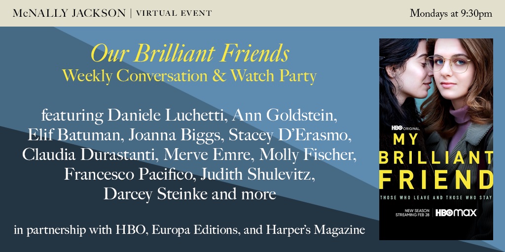 Join us tonight at 9:30pm EST for another #OurBrilliantFriends conversation and watch party with Italian author @fzpacifico. We'll be talking aesthetics of class, the Italian Communist party, and the artistic bourgeoisie. 📚🎬 RSVP here: bit.ly/36h4tdR