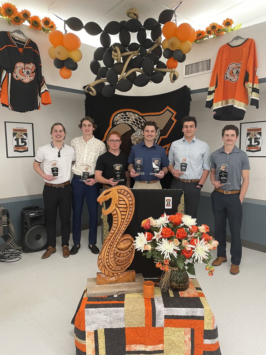CopperheadsHcky's tweet photo. Congrats to our award winners selected from this season !!! (L to R)
Top D-Man- Kale Amundrud; 
Rookie of the Year-Koden Lazar;
Most Improved- Tristan Miller;
Top Scorer + the Morgan Simpson Defensive/Forward- Brogan Booth;
Hardest Worker- Krishan Stocker; MVP Thomas Johnson https://t.co/u0ztDW2zHq
