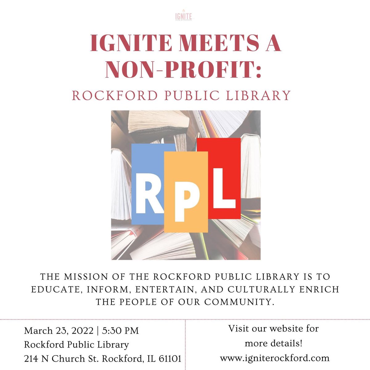 igniterockford's tweet photo. Join us March 23 from 5:30 to 7:00 pm at @rockfordpublib, Hart Interim, 214 N. Church. We will be touring the Maker Lab, Local History, and more! Lots of great things in store! 📚☺️

You can register at the link below to attend!
 --> https://t.co/ctX2zG3buC https://t.co/7PxiYXalAa