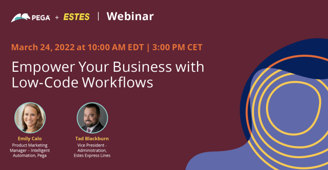 AEatPEGA's tweet photo. Join us online March 24 to learn how Estes Express Lines is solving their challenges with low code development. Register now for the upcoming webinar https://t.co/Cl2x2pA4Bg https://t.co/2Oa0433sGJ