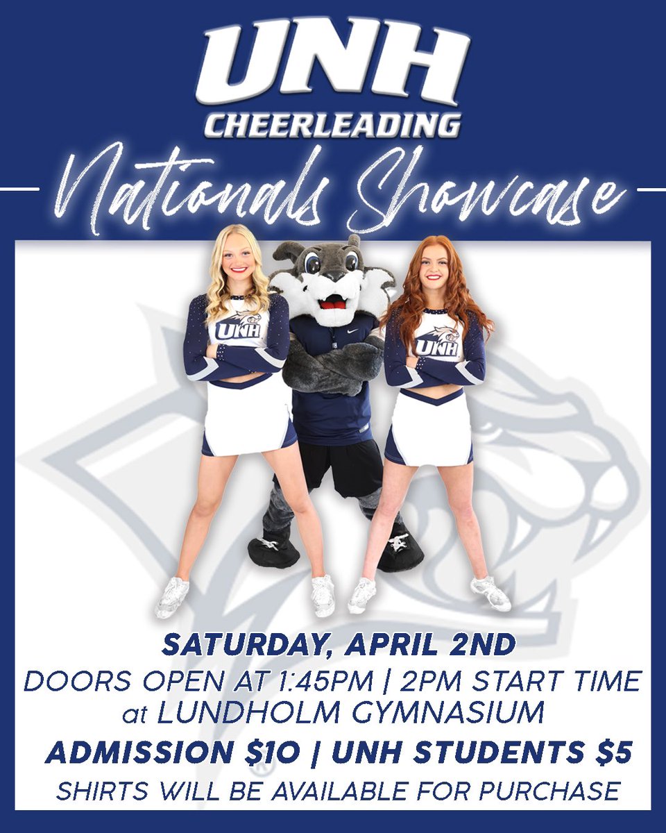 UNH Cheer (@unhcheer_) on Twitter photo โกโชโกโก ๐ท๐ช๐ฝ๐ฒ๐ธ๐ท๐ช๐ต๐ผ ๐
๐ท๐พ๐
๐ฒ๐ฐ๐
๐ด
๐: ๐๐ฎ๐ง๐๐ก๐จ๐ฅ๐ฆ ๐๐ฒ๐ฆ๐ง๐๐ฌ๐ข๐ฎ๐ฆ
๐: Saturday, ๐๐ฝ๐ฟ๐ถ๐น ๐ฎ๐ก๐
โฐ: Doors Open at ๐ญ:๐ฐ๐ฑ
๐: $๐๐ - ๐๐
ฝ๐
ท Students $๐
All proceeds will go towards ๐ญ๐๐๐ฆ ๐๐ฑ๐ฉ๐๐ง๐ฌ๐๐ฌ during our ๐ง๐๐ญ๐ข๐จ๐ง๐๐ฅ๐ฌ ๐ญ๐ซ๐ข๐ฉ ๐ โกโชโกโก ๐ท๐ช๐ฝ๐ฒ๐ธ๐ท๐ช๐ต๐ผ ๐
๐ท๐พ๐
๐ฒ๐ฐ๐
๐ด
๐: ๐๐ฎ๐ง๐๐ก๐จ๐ฅ๐ฆ ๐๐ฒ๐ฆ๐ง๐๐ฌ๐ข๐ฎ๐ฆ
๐: Saturday, ๐๐ฝ๐ฟ๐ถ๐น ๐ฎ๐ก๐
โฐ: Doors Open at ๐ญ:๐ฐ๐ฑ
๐: $๐๐ - ๐๐
ฝ๐
ท Students $๐
All proceeds will go towards ๐ญ๐๐๐ฆ ๐๐ฑ๐ฉ๐๐ง๐ฌ๐๐ฌ during our ๐ง๐๐ญ๐ข๐จ๐ง๐๐ฅ๐ฌ ๐ญ๐ซ๐ข๐ฉ ๐